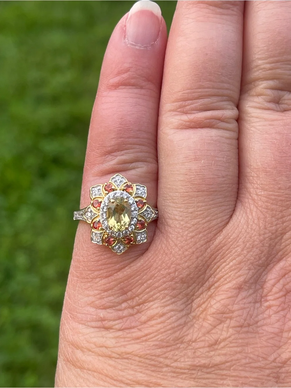 Heliodor and Red Sapphire Floral Ring